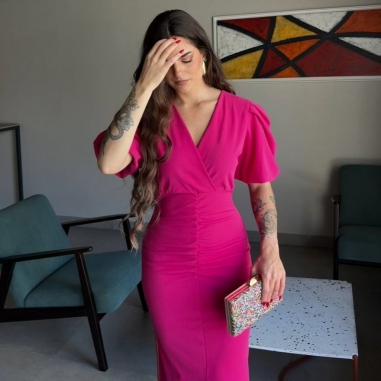 VESTIDO MANGA ABULLONADA FUCSIA