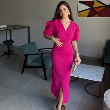 VESTIDO MANGA ABULLONADA FUCSIA