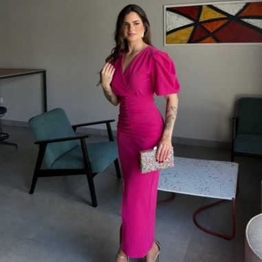 VESTIDO MANGA ABULLONADA FUCSIA