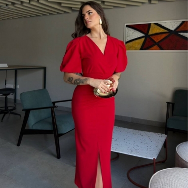 VESTIDO MANGA ABULLONADA ROJO