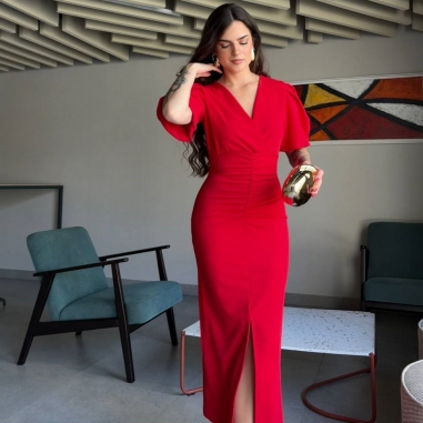 VESTIDO MANGA ABULLONADA ROJO