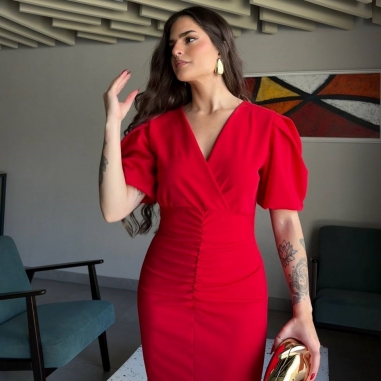 VESTIDO MANGA ABULLONADA ROJO