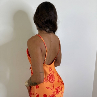 PREVENTA VESTIDO SATÉN ESTAMPADO NARANJA
