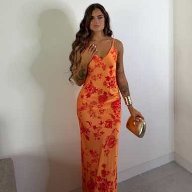 PREVENTA VESTIDO SATÉN ESTAMPADO NARANJA