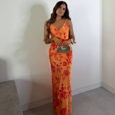 PREVENTA VESTIDO SATÉN ESTAMPADO NARANJA