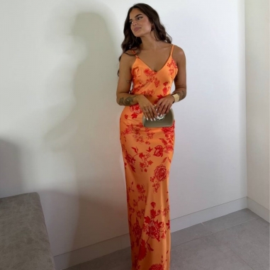 PREVENTA VESTIDO SATÉN ESTAMPADO NARANJA