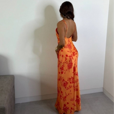 PREVENTA VESTIDO SATÉN ESTAMPADO NARANJA