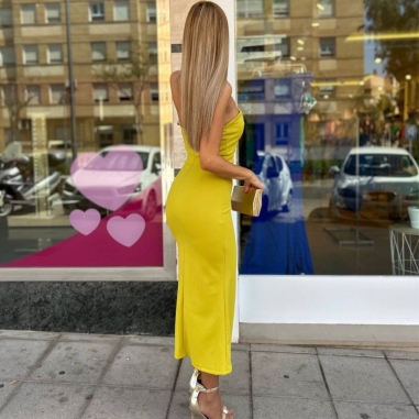 PREVENTA VESTIDO ESCOTE V OCRE