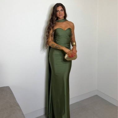 PREVENTA VESTIDO GARGANTILLA VERDE CAQUI