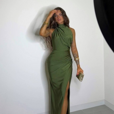 VESTIDO HALTER VERDE CAQUI