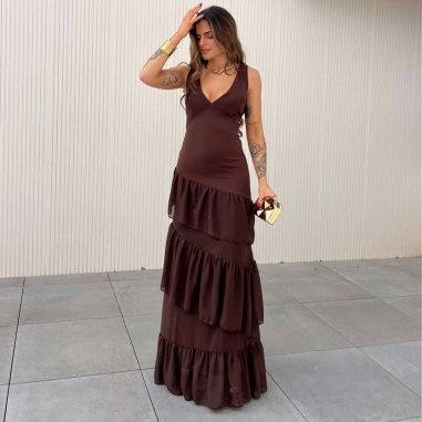 VESTIDO ESPALDA CRUZADA VOLANTES CHOCO