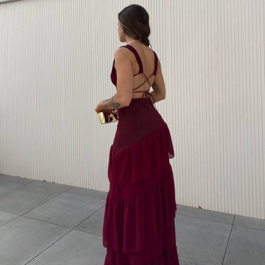 VESTIDO ESPALDA CRUZADA VOLANTES VINO