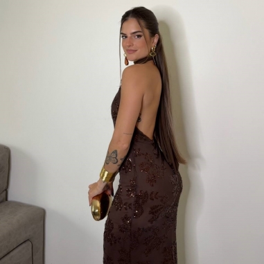 VESTIDO HALTER LENTEJUELAS CHOCO