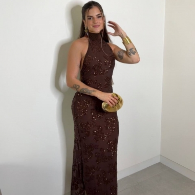 VESTIDO HALTER LENTEJUELAS CHOCO