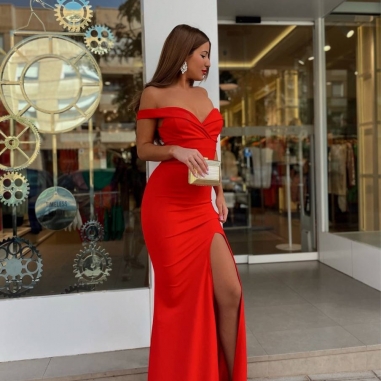 VESTIDO ESCOTE BARCO ROJO