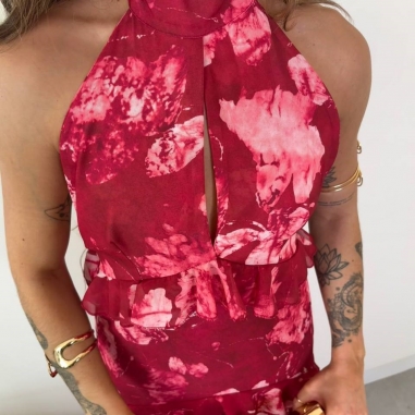 VESTIDO ESTAMPADO VOLANTES ROJO