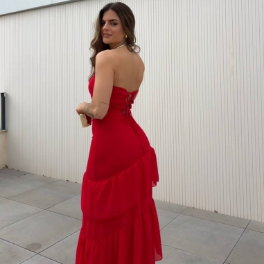 VESTIDO PALABRA DE HONOR VOLANTES ROJO