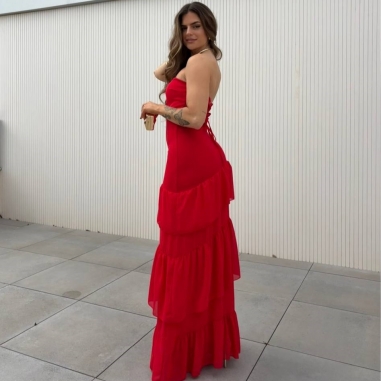 VESTIDO PALABRA DE HONOR VOLANTES ROJO