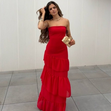 VESTIDO PALABRA DE HONOR VOLANTES ROJO