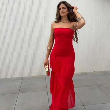 VESTIDO PALABRA DE HONOR VOLANTES ROJO