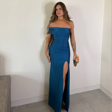 VESTIDO FRUNCIDO ASIMÉTRICO PETRÓLEO