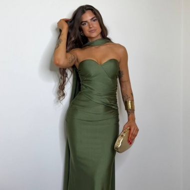 VESTIDO GARGANTILLA VERDE CAQUI