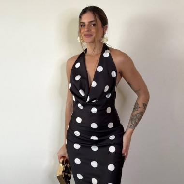 VESTIDO ESCOTE FLUIDO LUNARES NEGRO