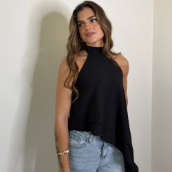 BLUSA ASIMÉTRICA VOLANTE NEGRA
