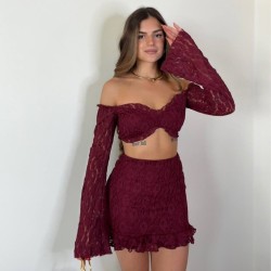 CONJUNTO ENCAJE MANGA VINO