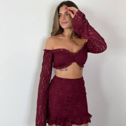 CONJUNTO ENCAJE MANGA VINO