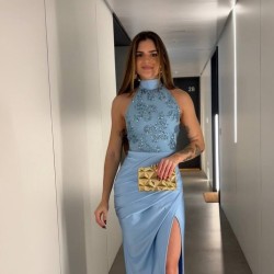 VESTIDO HALTER LENTEJUELA CELESTE