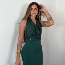 VESTIDO ESCOTE FLUÍDO LENTEJUELAS VERDE BOTELLA