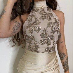 VESTIDO HALTER LENTEJUELA CHAMPÁN