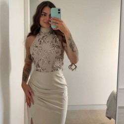 VESTIDO HALTER LENTEJUELA CHAMPÁN
