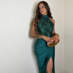 VESTIDO HALTER LENTEJUELA VERDE ESMERALDA