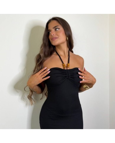 VESTIDO CANALÉ BOLITAS DE MADERA NEGRO